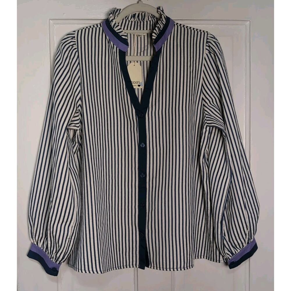 JODIFL Ruffle Neck Striped Blouse Boho Classy Women's M NWT(1194)